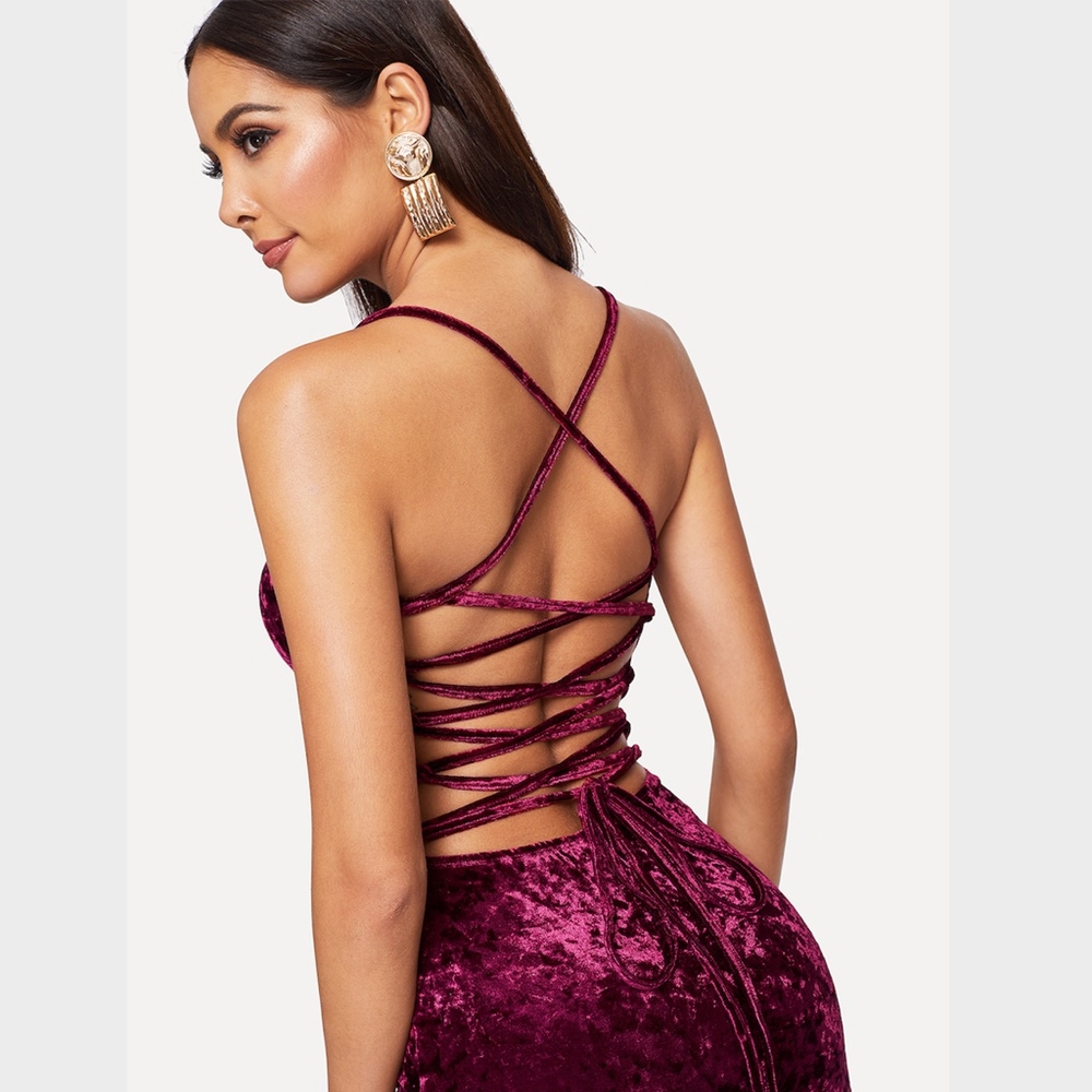 Lace Up Backless Velvet Cami Bodycon Dress - Picture 5 of 8